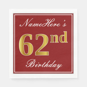 Elegant Red, Faux Gold 62nd Birthday + Custom Name Napkin