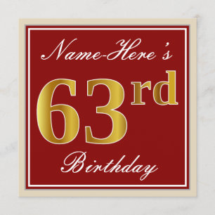 Elegant, Red, Faux Gold 63rd Birthday; Custom Name Invitation