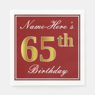 Elegant Red, Faux Gold 65th Birthday + Custom Name Napkin