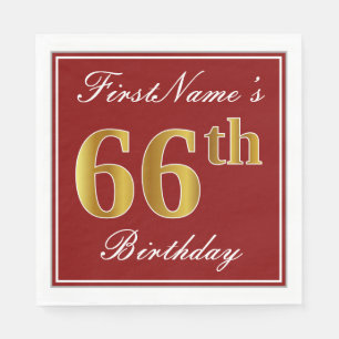 Elegant Red, Faux Gold 66th Birthday + Custom Name Napkin