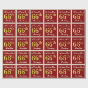 Elegant, Red, Faux Gold 66th Birthday; Custom Name Wrapping Paper
