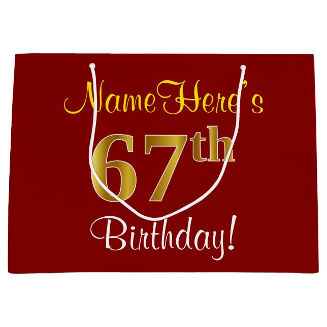 Elegant, Red, Faux Gold 67th Birthday; Custom Name Large Gift Bag (Front)