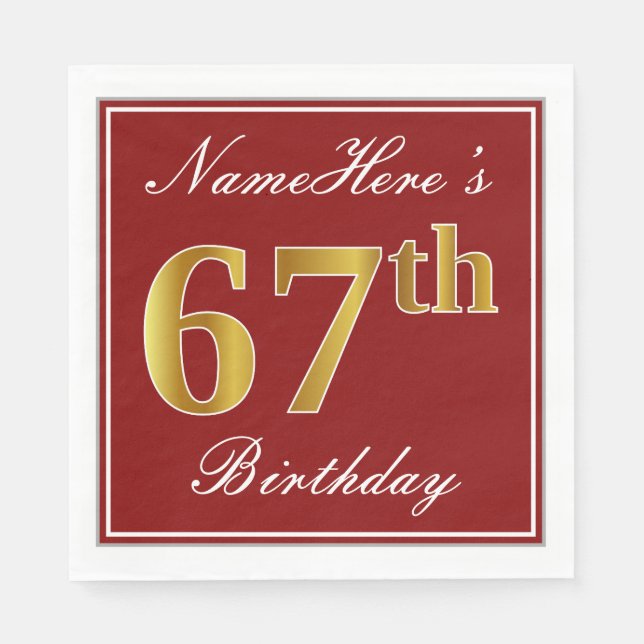 Elegant Red, Faux Gold 67th Birthday + Custom Name Napkin (Front)