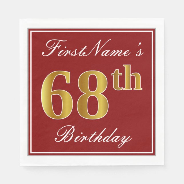 Elegant Red, Faux Gold 68th Birthday + Custom Name Napkin (Front)