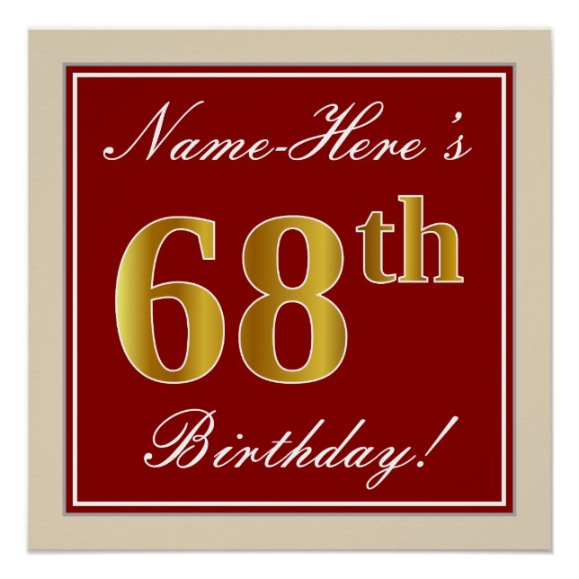 Elegant, Red, Faux Gold 68th Birthday; Custom Name Poster (Front)