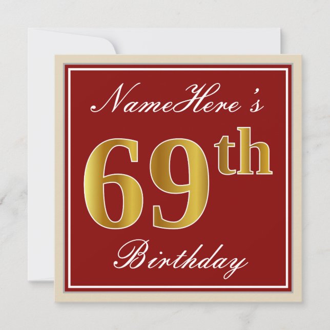 Elegant, Red, Faux Gold 69th Birthday; Custom Name Invitation (Front)