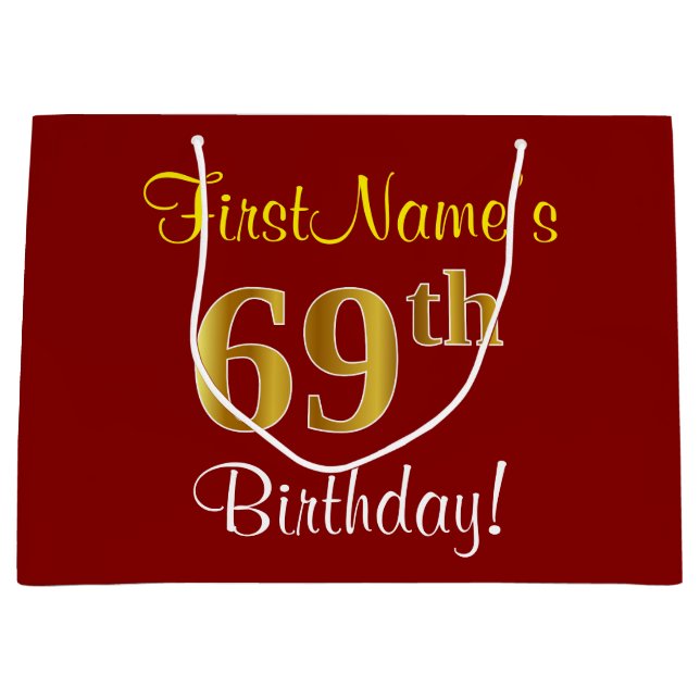 Elegant, Red, Faux Gold 69th Birthday; Custom Name Large Gift Bag (Front)