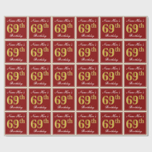 Elegant, Red, Faux Gold 69th Birthday; Custom Name Wrapping Paper