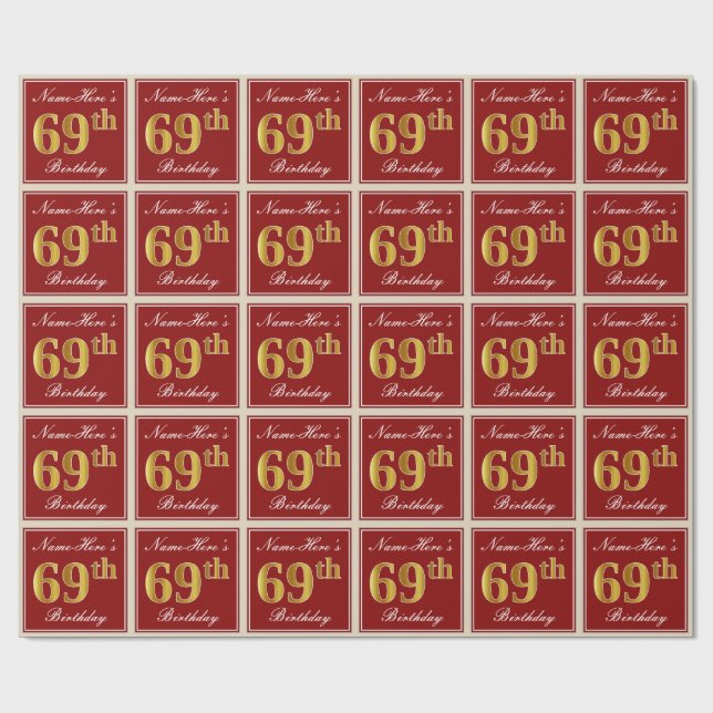 Elegant, Red, Faux Gold 69th Birthday; Custom Name Wrapping Paper (Flat)