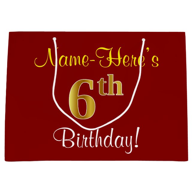 Elegant, Red, Faux Gold 6th Birthday + Custom Name Large Gift Bag (Front)