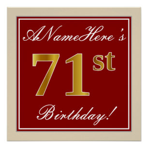 Elegant, Red, Faux Gold 71st Birthday; Custom Name Poster