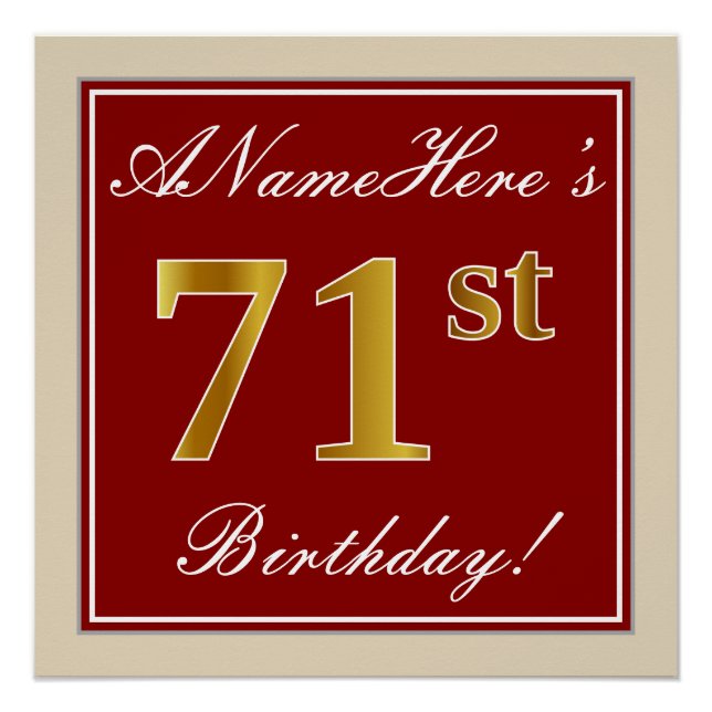 Elegant, Red, Faux Gold 71st Birthday; Custom Name Poster (Front)