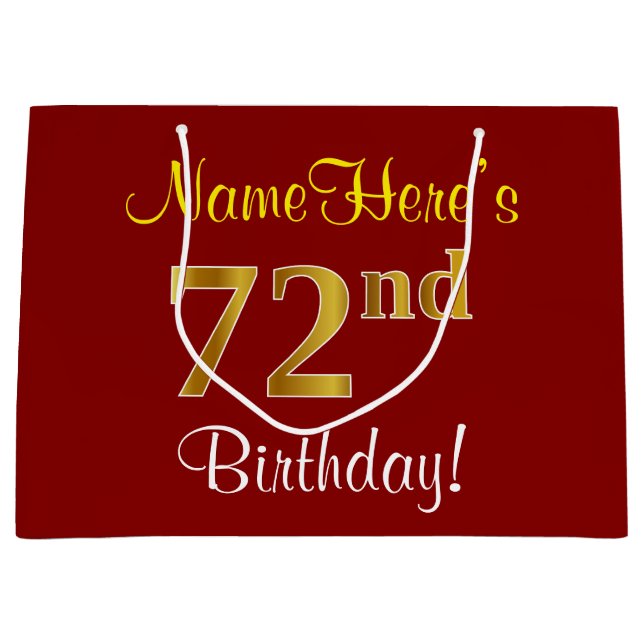 Elegant, Red, Faux Gold 72nd Birthday; Custom Name Large Gift Bag (Front)