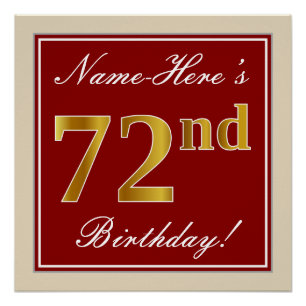 Elegant, Red, Faux Gold 72nd Birthday; Custom Name Poster