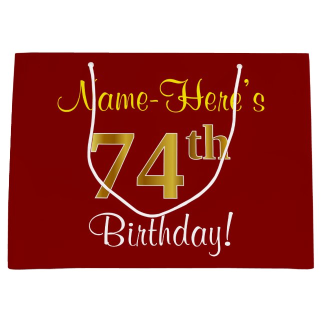 Elegant, Red, Faux Gold 74th Birthday; Custom Name Large Gift Bag (Front)