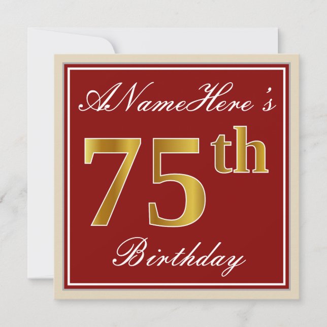 Elegant, Red, Faux Gold 75th Birthday; Custom Name Invitation (Front)