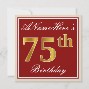 Elegant, Red, Faux Gold 75th Birthday; Custom Name Invitation