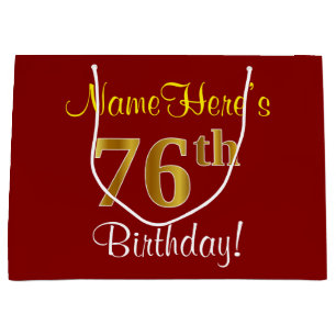 Elegant, Red, Faux Gold 76th Birthday; Custom Name Large Gift Bag