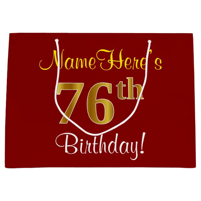 Elegant, Red, Faux Gold 76th Birthday; Custom Name Large Gift Bag (Front)