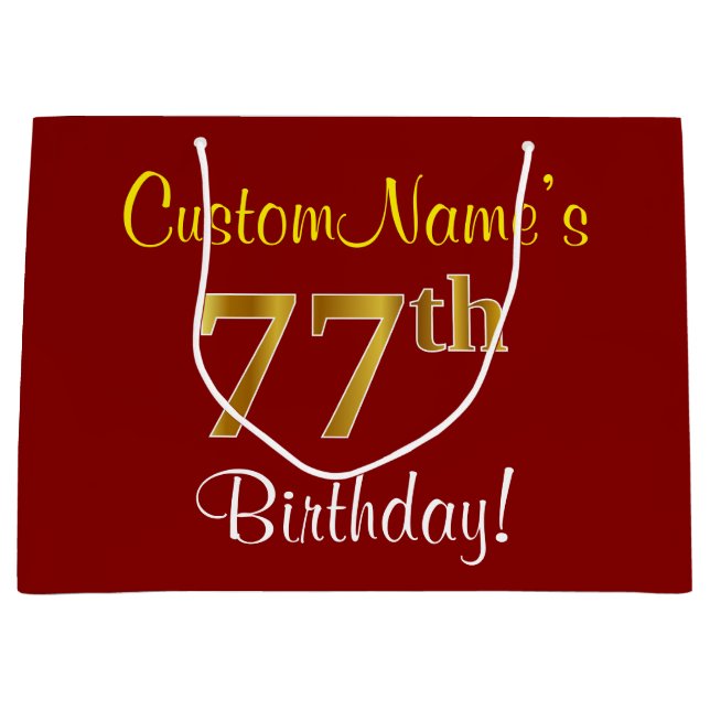 Elegant, Red, Faux Gold 77th Birthday; Custom Name Large Gift Bag (Front)