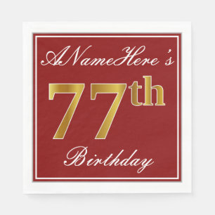 Elegant Red, Faux Gold 77th Birthday + Custom Name Napkin