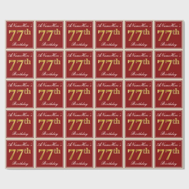 Elegant, Red, Faux Gold 77th Birthday; Custom Name Wrapping Paper (Flat)