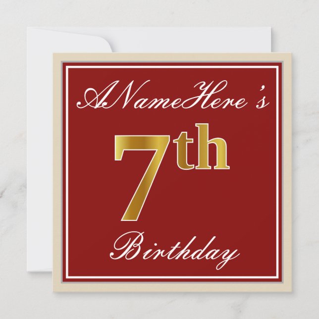 Elegant, Red, Faux Gold 7th Birthday + Custom Name Invitation (Front)