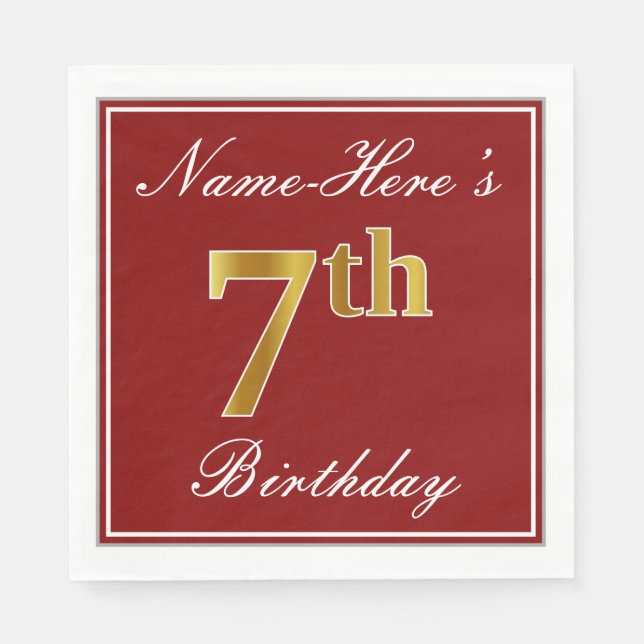 Elegant Red, Faux Gold 7th Birthday + Custom Name Napkin (Front)