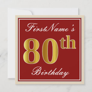 Elegant, Red, Faux Gold 80th Birthday; Custom Name Invitation