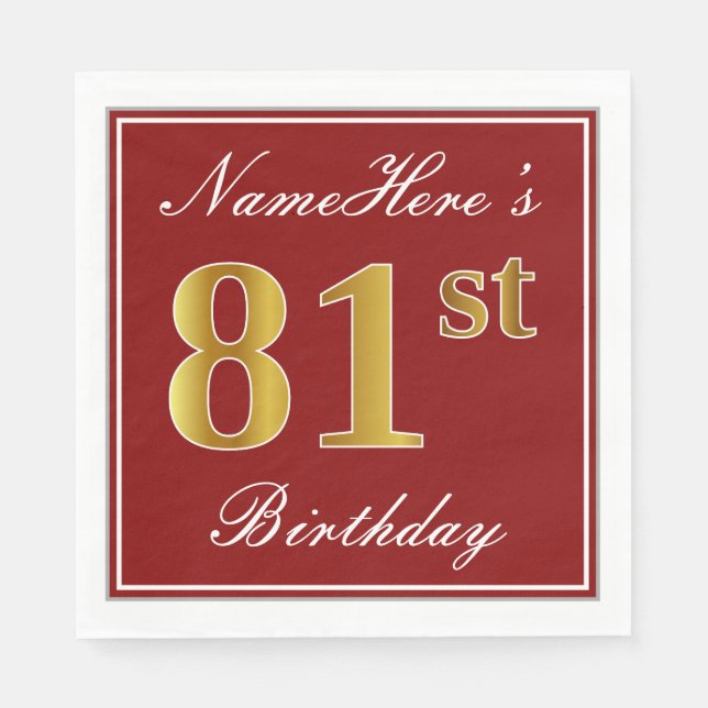 Elegant Red, Faux Gold 81st Birthday + Custom Name Napkin (Front)