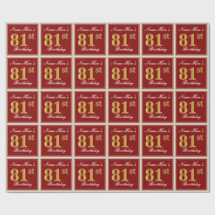 Elegant, Red, Faux Gold 81st Birthday; Custom Name Wrapping Paper