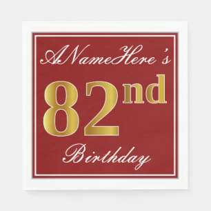 Elegant Red, Faux Gold 82nd Birthday + Custom Name Napkin