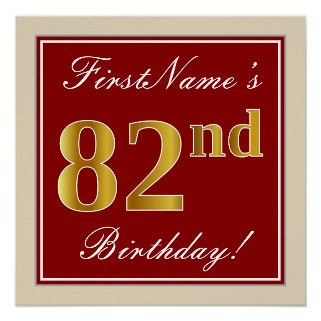 Elegant, Red, Faux Gold 82nd Birthday; Custom Name Poster (Front)