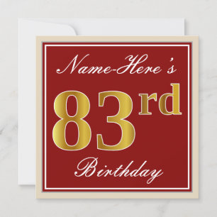Elegant, Red, Faux Gold 83rd Birthday; Custom Name Invitation