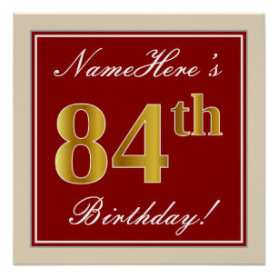 Elegant, Red, Faux Gold 84th Birthday; Custom Name Poster