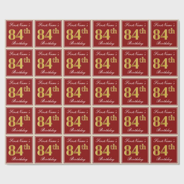Elegant, Red, Faux Gold 84th Birthday; Custom Name Wrapping Paper (Flat)