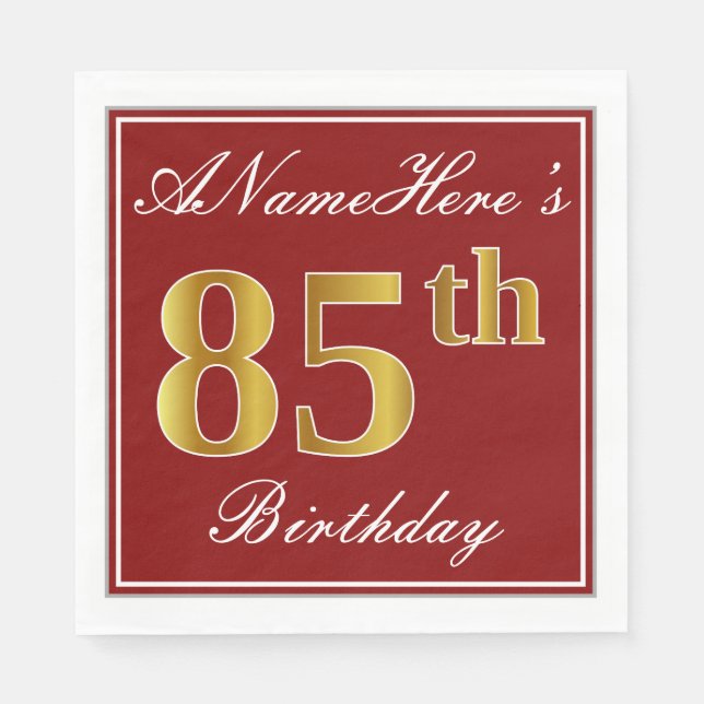 Elegant Red, Faux Gold 85th Birthday + Custom Name Napkin (Front)