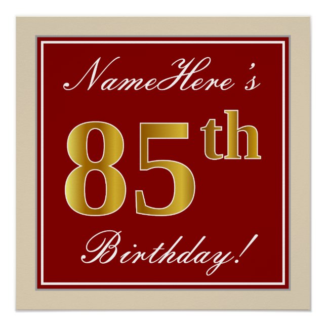 Elegant, Red, Faux Gold 85th Birthday; Custom Name Poster (Front)