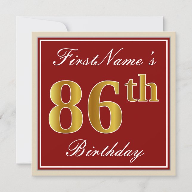 Elegant, Red, Faux Gold 86th Birthday; Custom Name Invitation (Front)