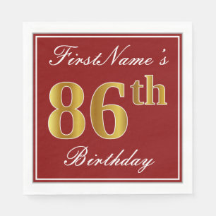 Elegant Red, Faux Gold 86th Birthday + Custom Name Napkin