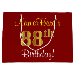 Elegant, Red, Faux Gold 88th Birthday; Custom Name Large Gift Bag