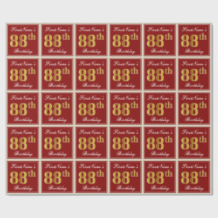 Elegant, Red, Faux Gold 88th Birthday; Custom Name Wrapping Paper
