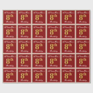 Elegant, Red, Faux Gold 8th Birthday + Custom Name Wrapping Paper