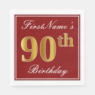 Elegant Red, Faux Gold 90th Birthday + Custom Name Napkin