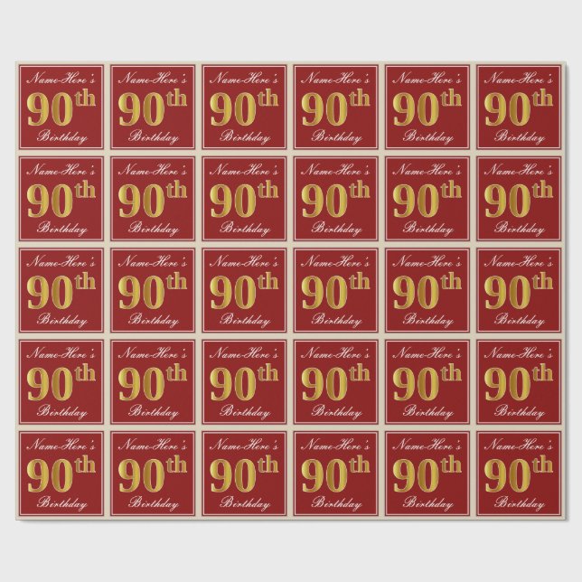 Elegant, Red, Faux Gold 90th Birthday; Custom Name Wrapping Paper (Flat)