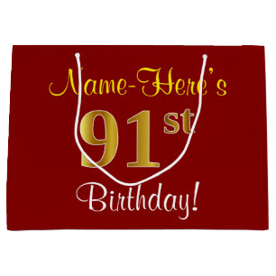 Elegant, Red, Faux Gold 91st Birthday; Custom Name Large Gift Bag