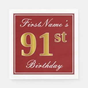 Elegant Red, Faux Gold 91st Birthday + Custom Name Napkin
