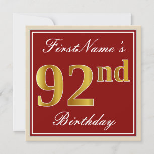 Elegant, Red, Faux Gold 92nd Birthday; Custom Name Invitation