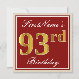 Elegant, Red, Faux Gold 93rd Birthday; Custom Name Invitation