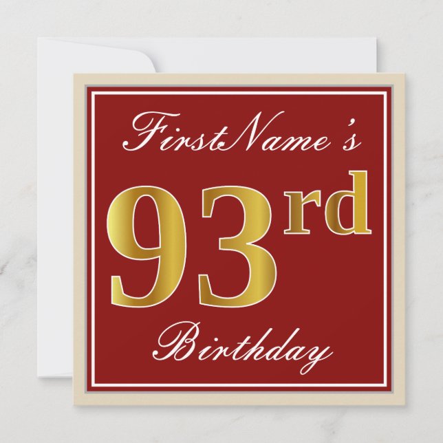 Elegant, Red, Faux Gold 93rd Birthday; Custom Name Invitation (Front)